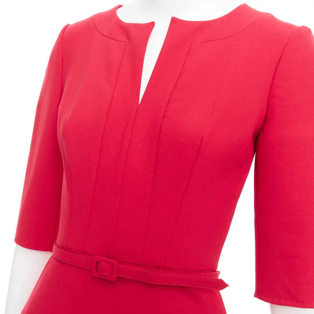 Oscar De La Renta Pleated Belted Dress Red Wool Very good - Back View