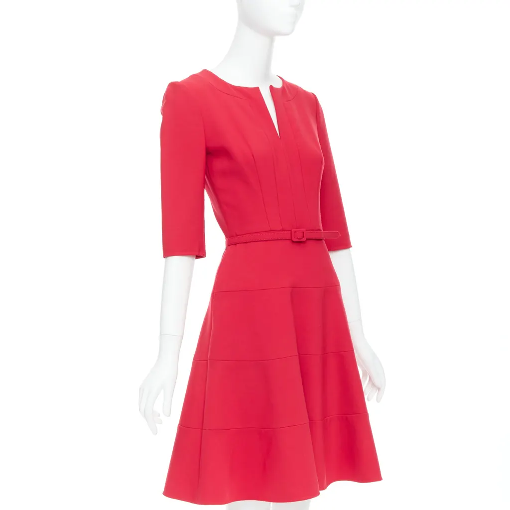 Oscar De La Renta Pleated Belted Dress Red Wool Very good - Inside View