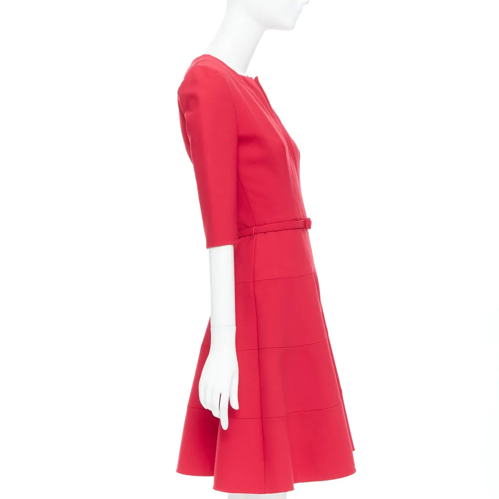Oscar De La Renta Pleated Belted Dress Red Wool Very good - Model View