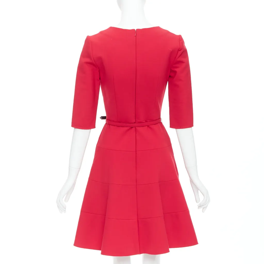 Oscar De La Renta Pleated Belted Dress Red Wool Very good - Box View