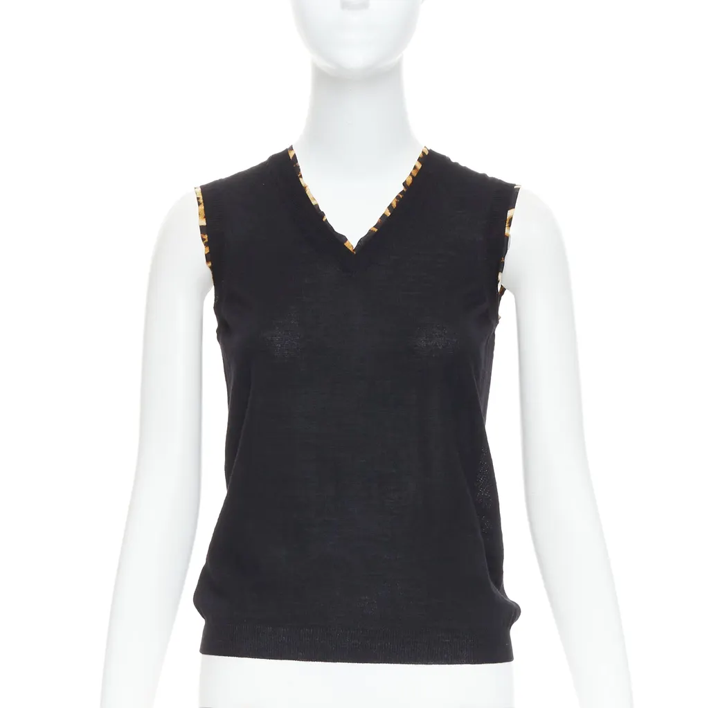 Yves Saint Laurent Leopard Trim Vest Black Wool Very good - Front View