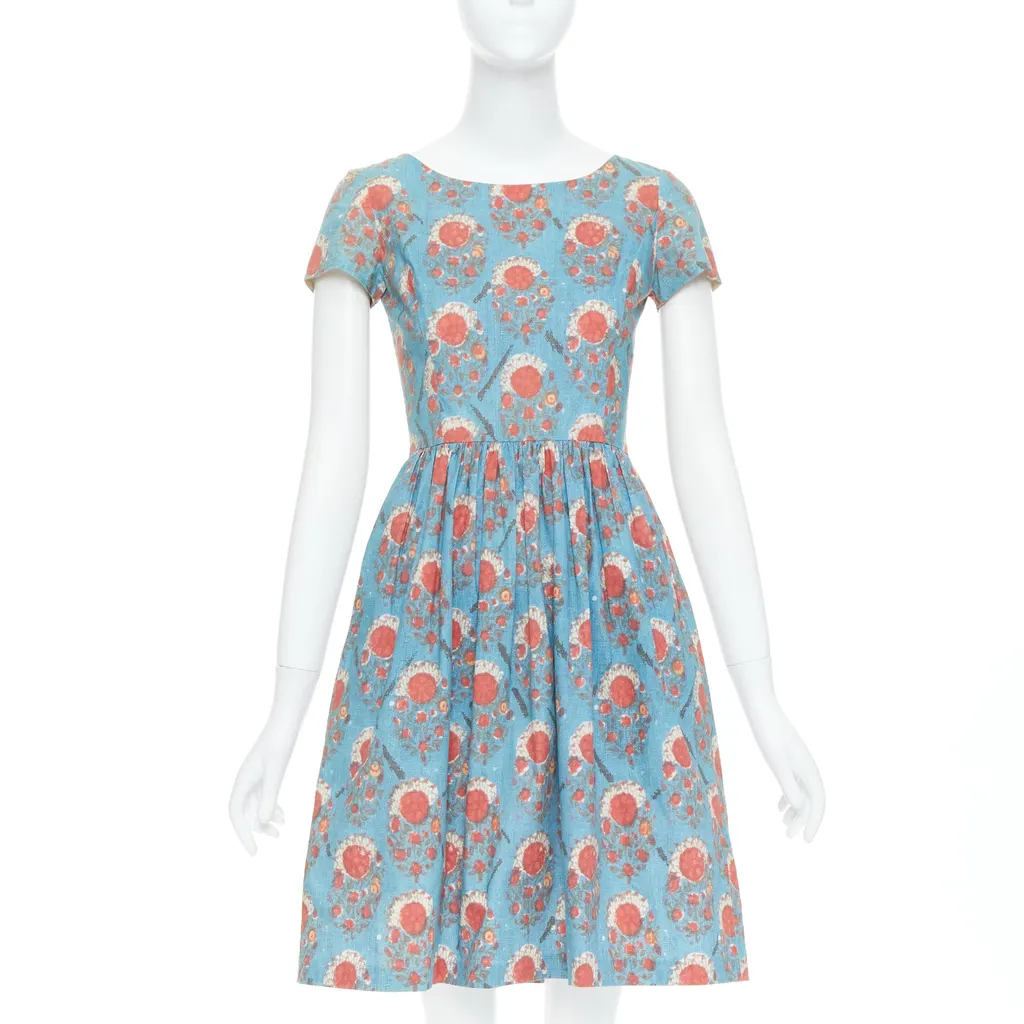 Oscar De La Renta Vintage Print Dress Red Cotton Very good - Front View