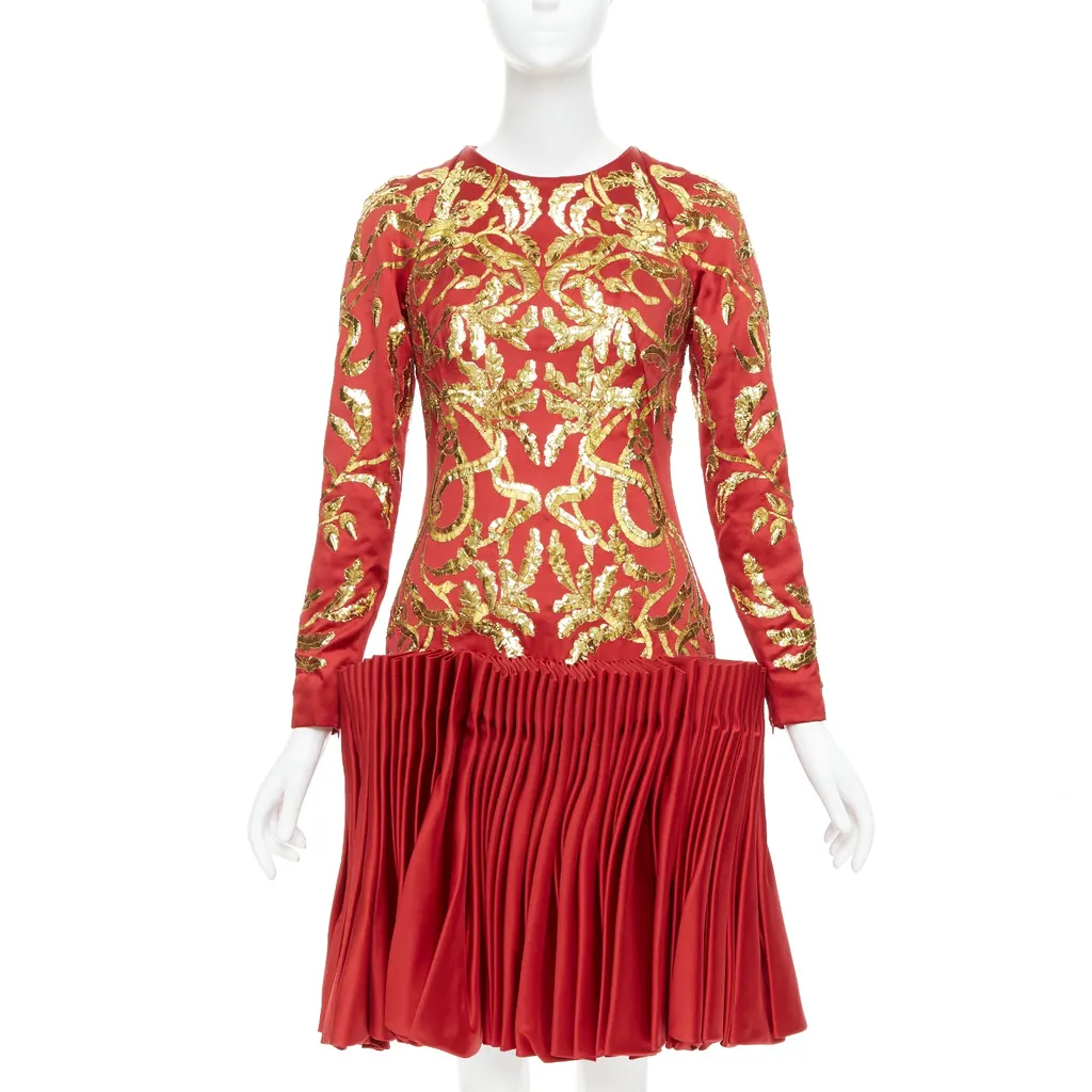 Alexander McQueen Sequin Pleat Dress Red Silk Very good - Front View