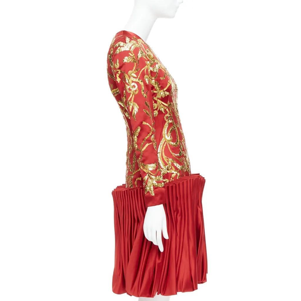 Alexander McQueen Sequin Pleat Dress Red Silk Very good - Inside View