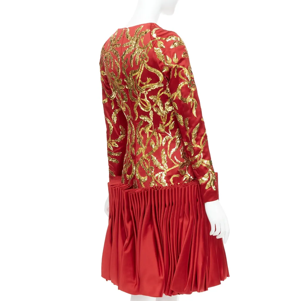 Alexander McQueen Sequin Pleat Dress Red Silk Very good - Model View