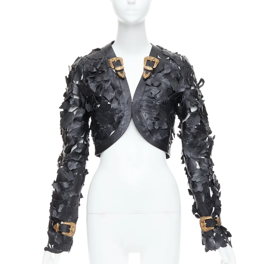Alexander McQueen Black Floral Leather Jacket Black Leather Very good - Front View