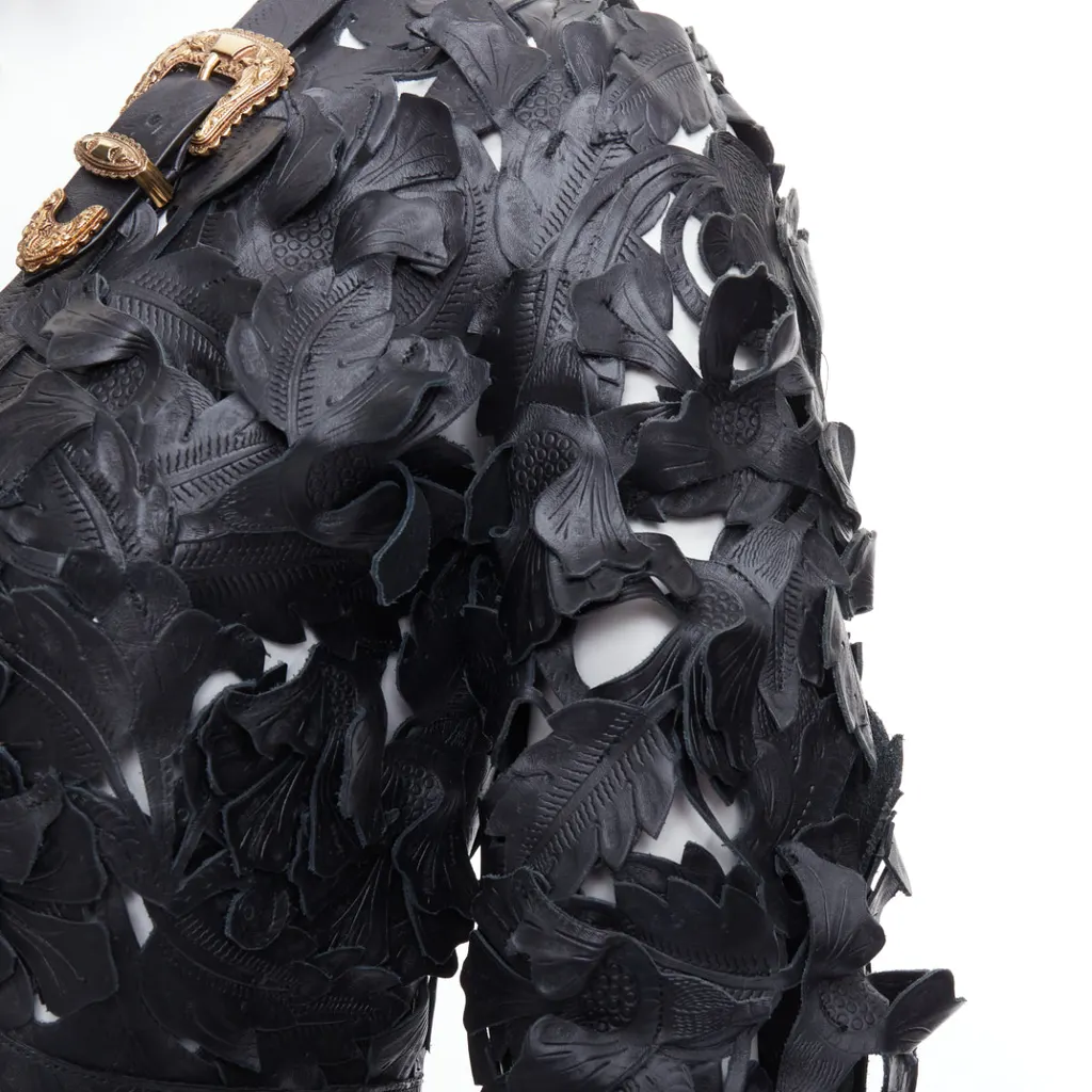Alexander McQueen Black Floral Leather Jacket Black Leather Very good - Back View