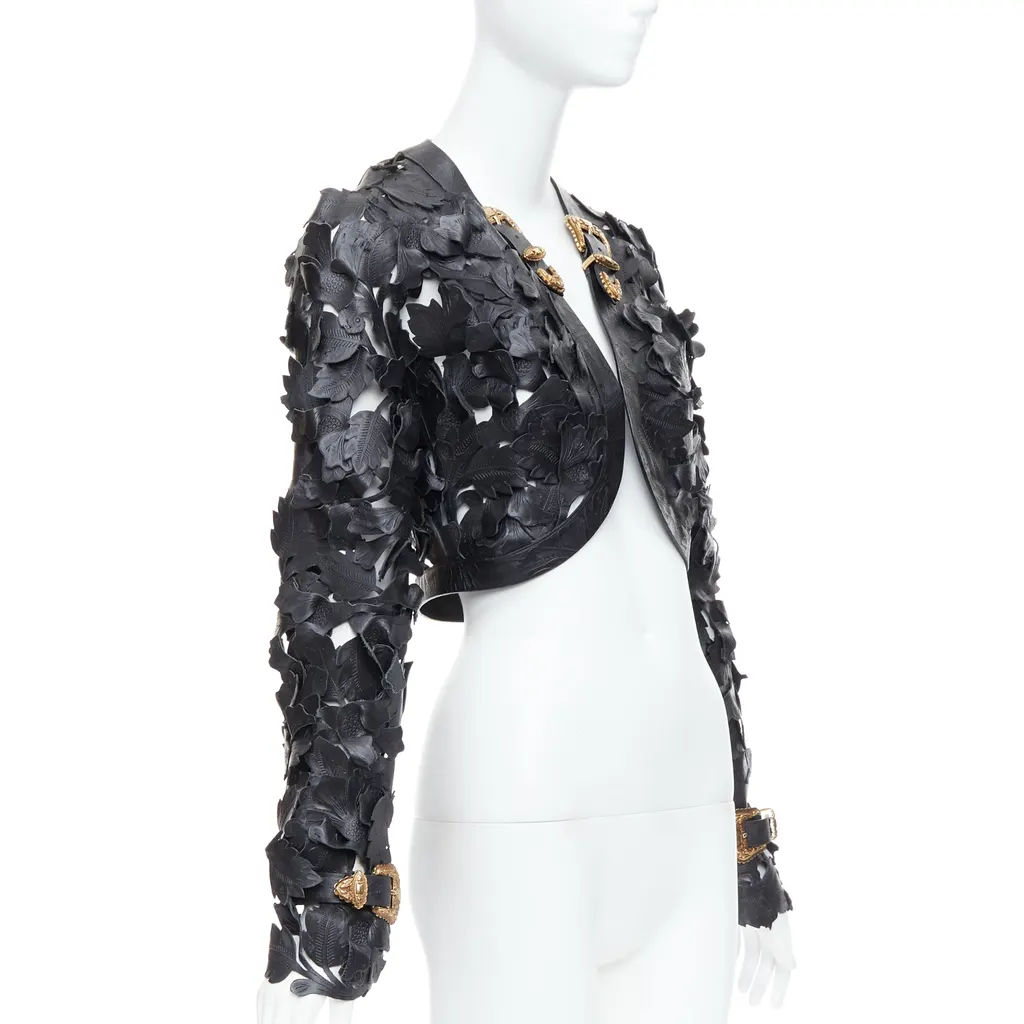 Alexander McQueen Black Floral Leather Jacket Black Leather Very good - Inside View