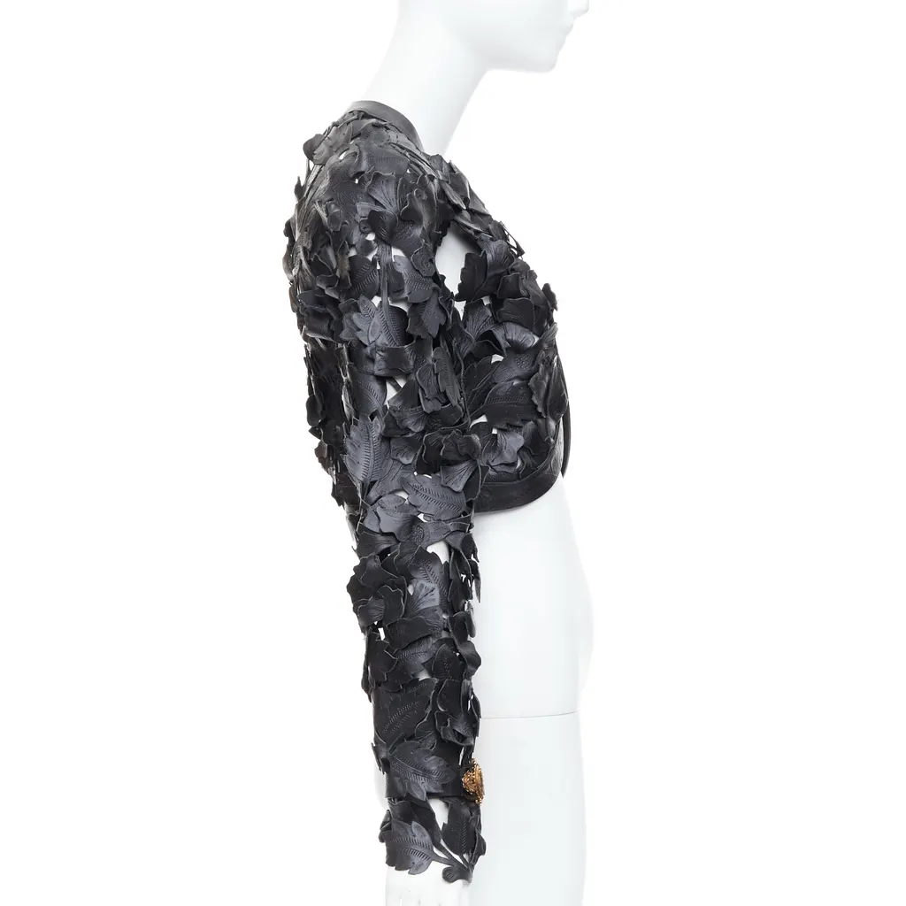 Alexander McQueen Black Floral Leather Jacket Black Leather Very good - Model View