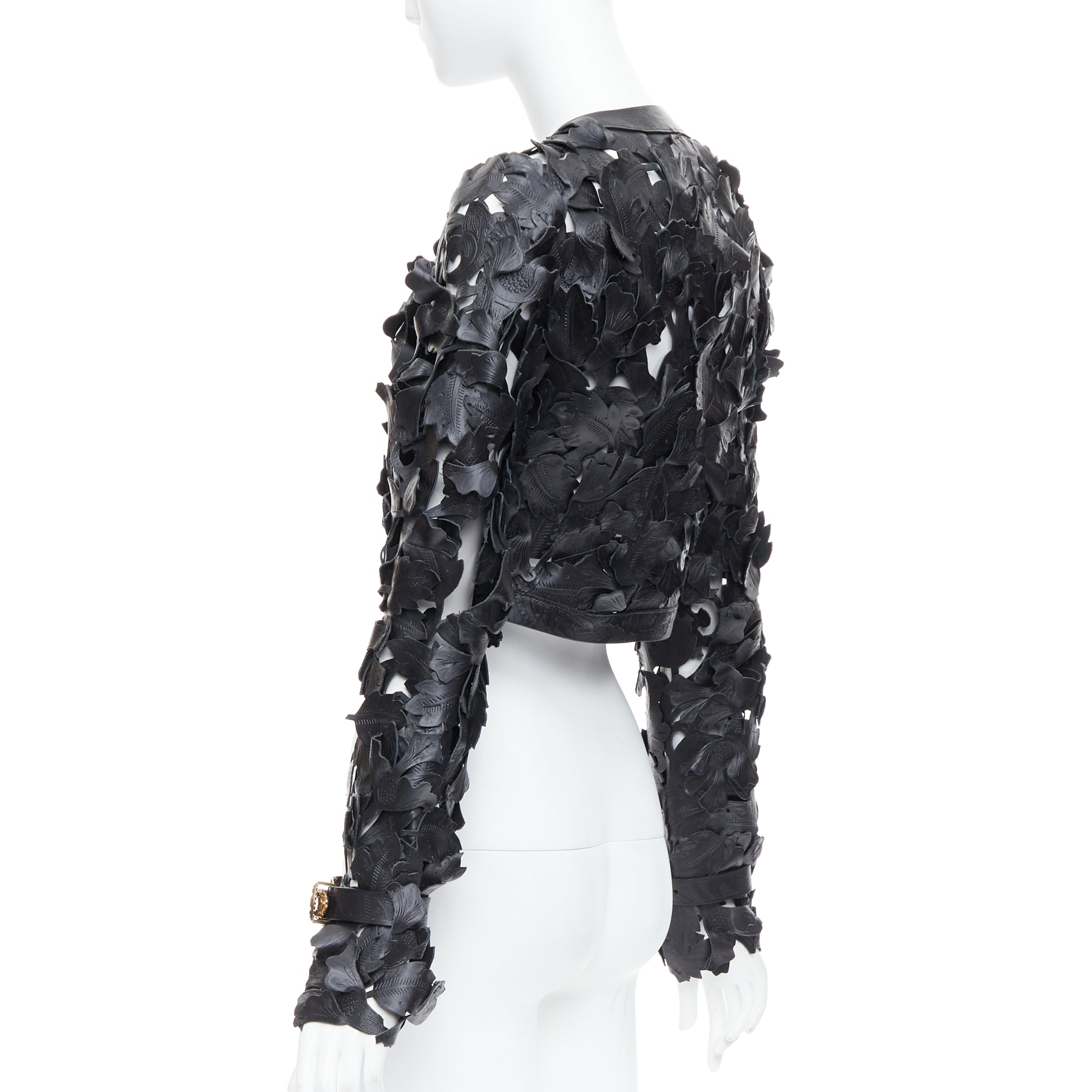 Alexander Mcqueen Black Floral Leather Jacket - Detail 1