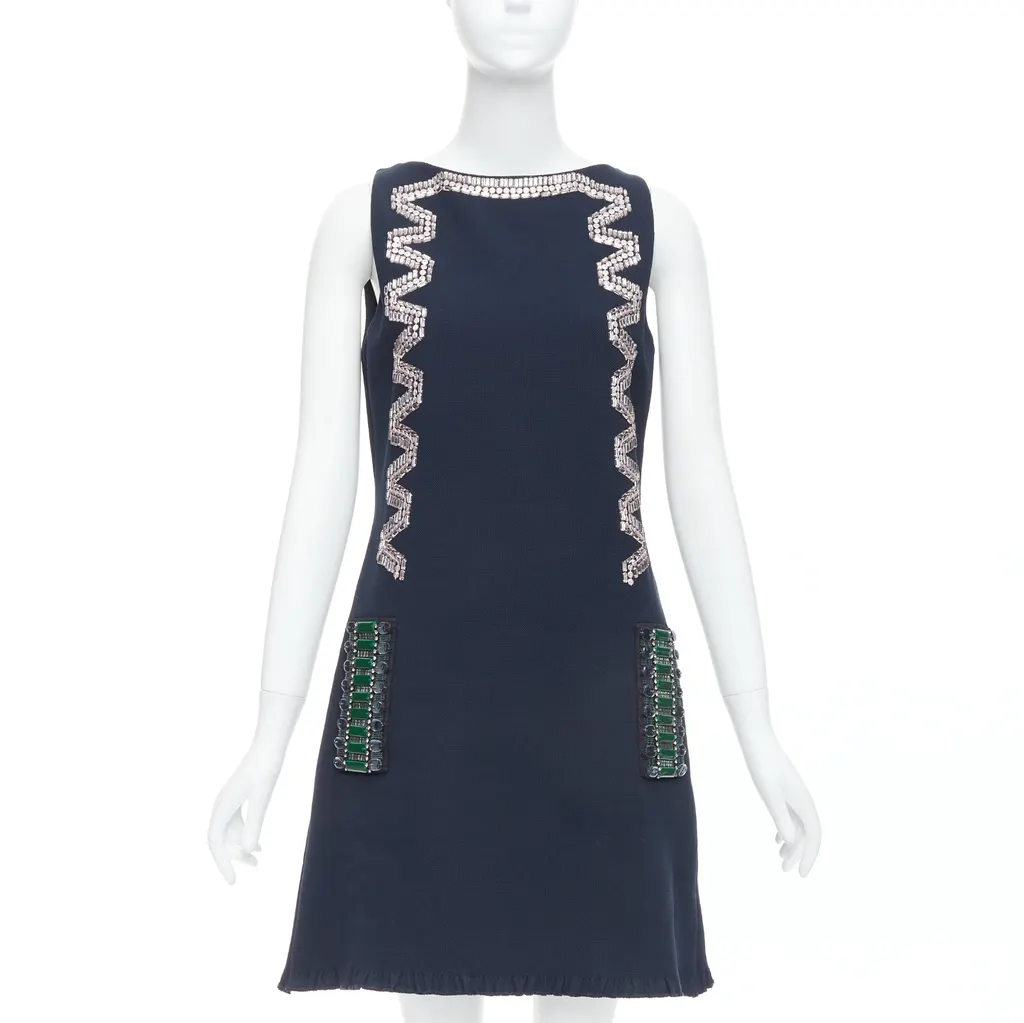 Lanvin Rhinestone Ribbon Dress Navy Cotton Very good - Front View