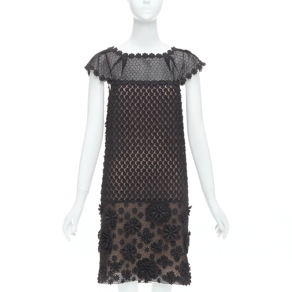Prada Floral Applique Dress Black Cotton Very good - Front View
