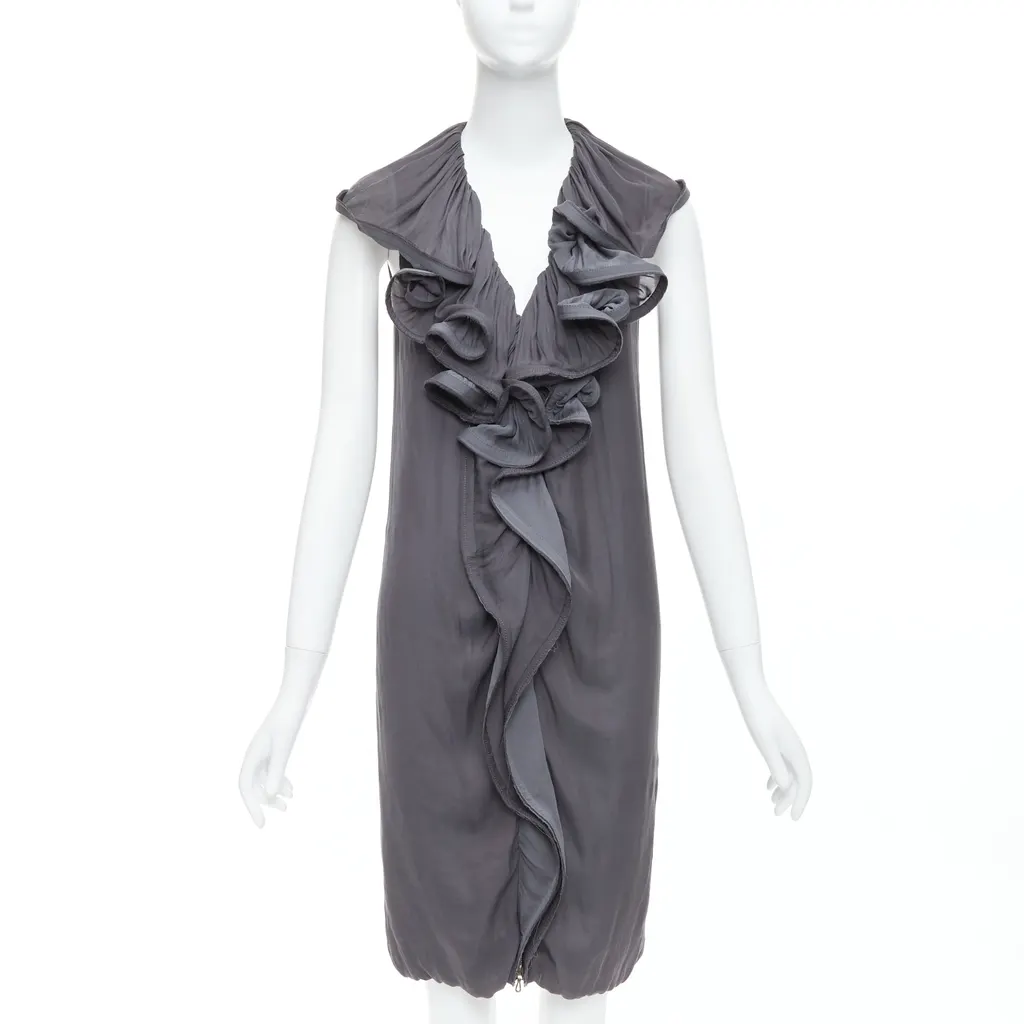 Lanvin Ruffle Collar Dress Grey Polyester Good - Front View