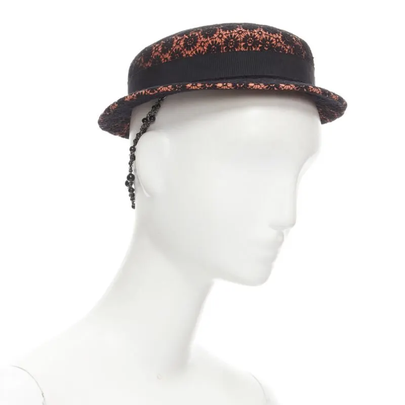 Maison Michel Black Lace Fedora Orange Wool Never worn - Front View