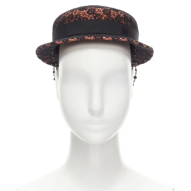 Maison Michel Black Lace Fedora Orange Wool Never worn - Inside View