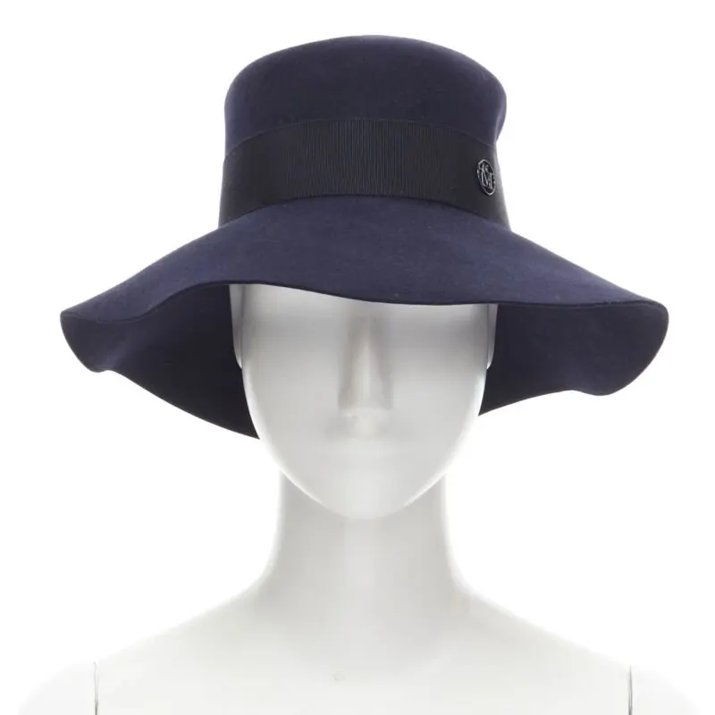 Maison Michel Blue Grosgrain Fedora Navy Wool Never worn, with tag - Front View