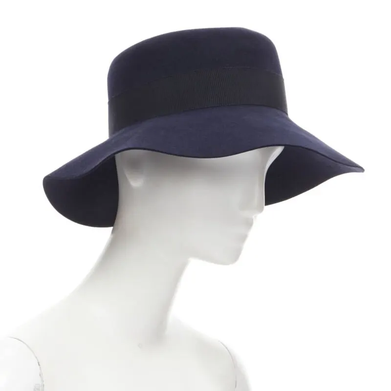 Maison Michel Blue Grosgrain Fedora Navy Wool Never worn, with tag - Inside View