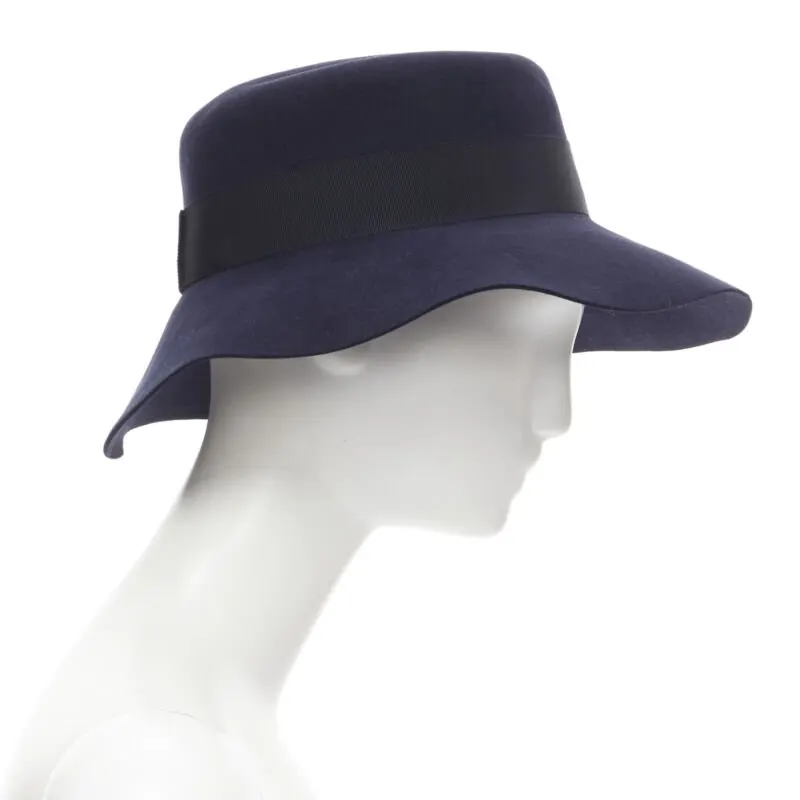 Maison Michel Blue Grosgrain Fedora Navy Wool Never worn, with tag - Model View