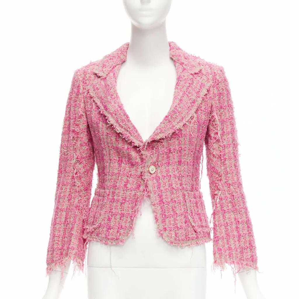 Junya Watanabe Pink Distressed Tweed Jacket Pink Linen Very good - Front View