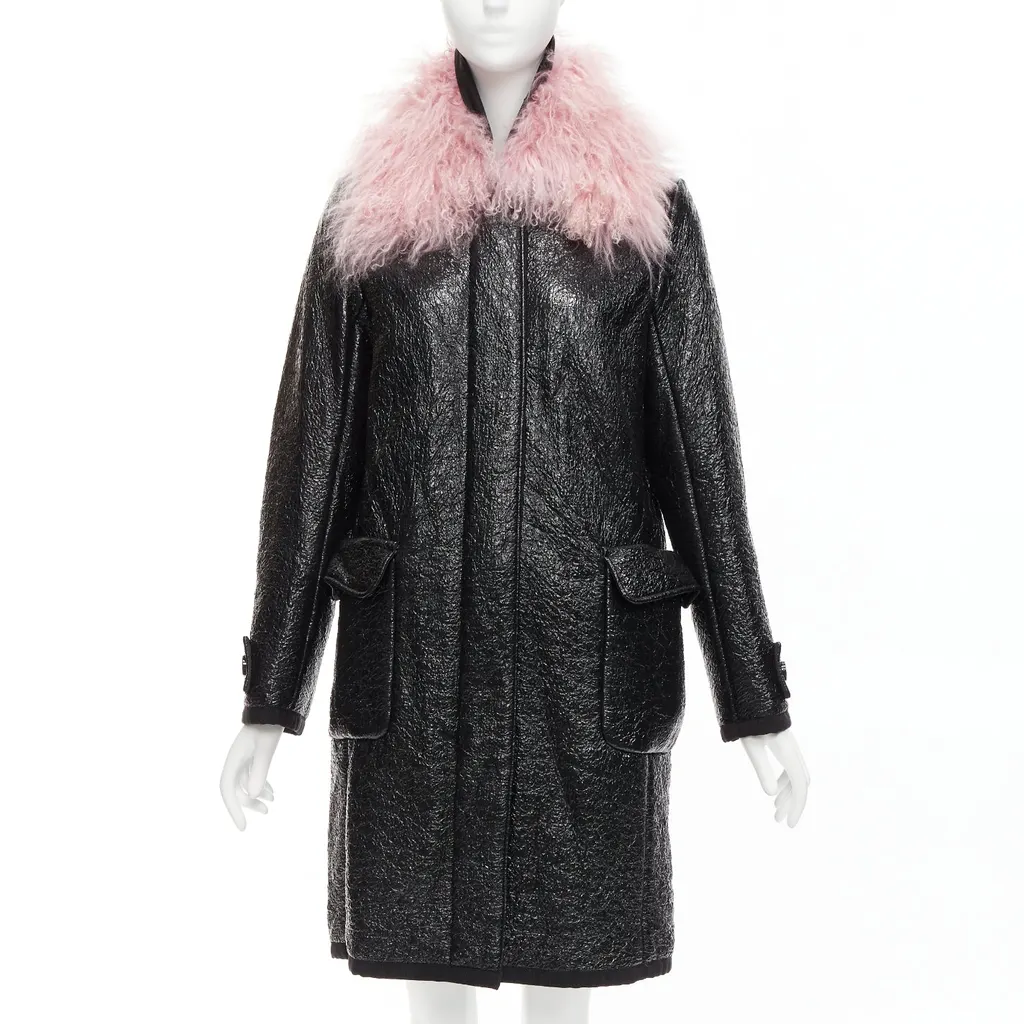Moncler Pink Fur Wool Coat Black Fur Never worn - Front View