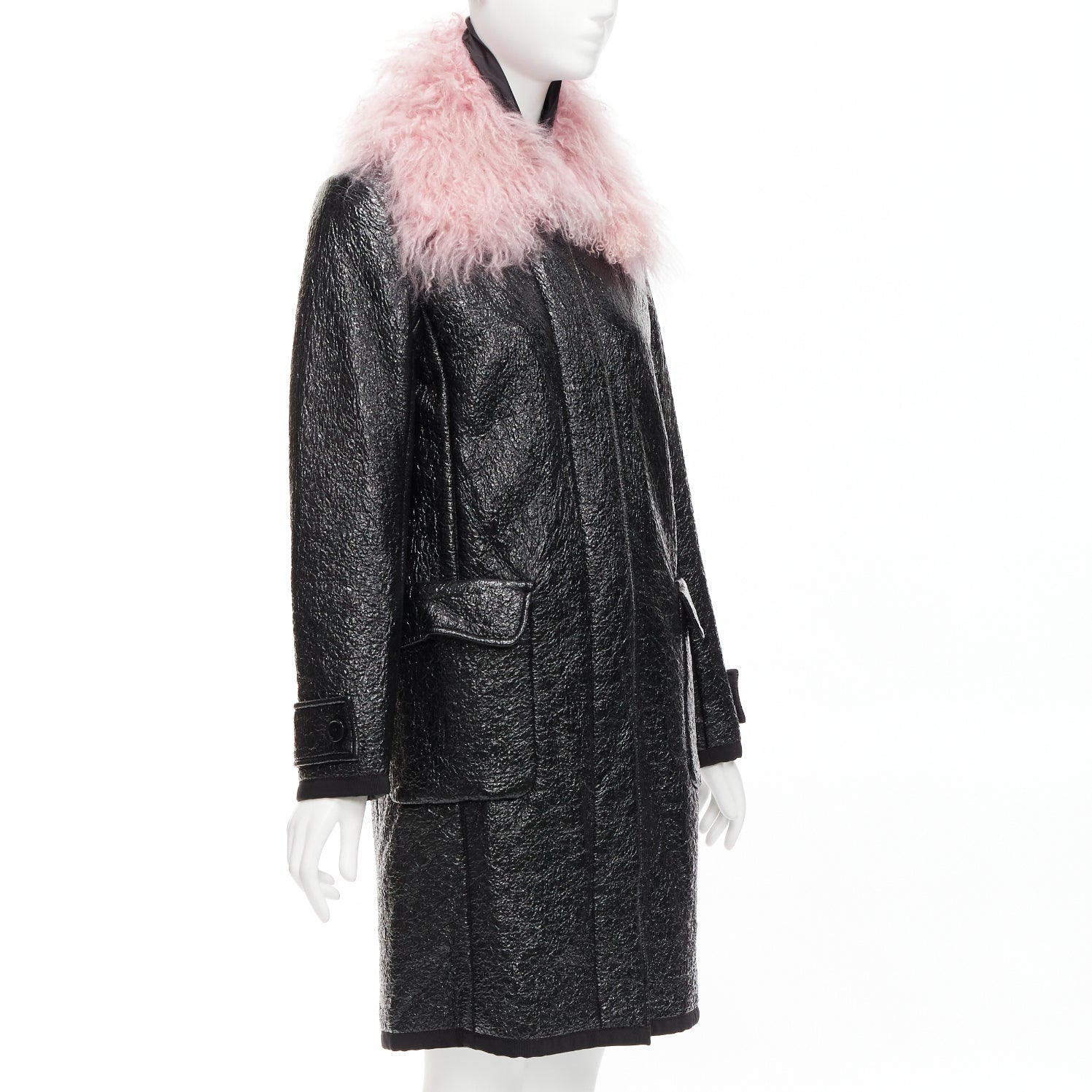 Moncler Pink Fur Wool Coat - 4