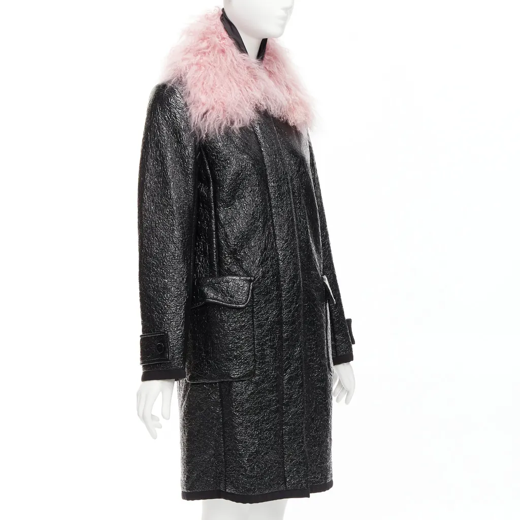 Moncler Pink Fur Wool Coat Black Fur Never worn - Model View