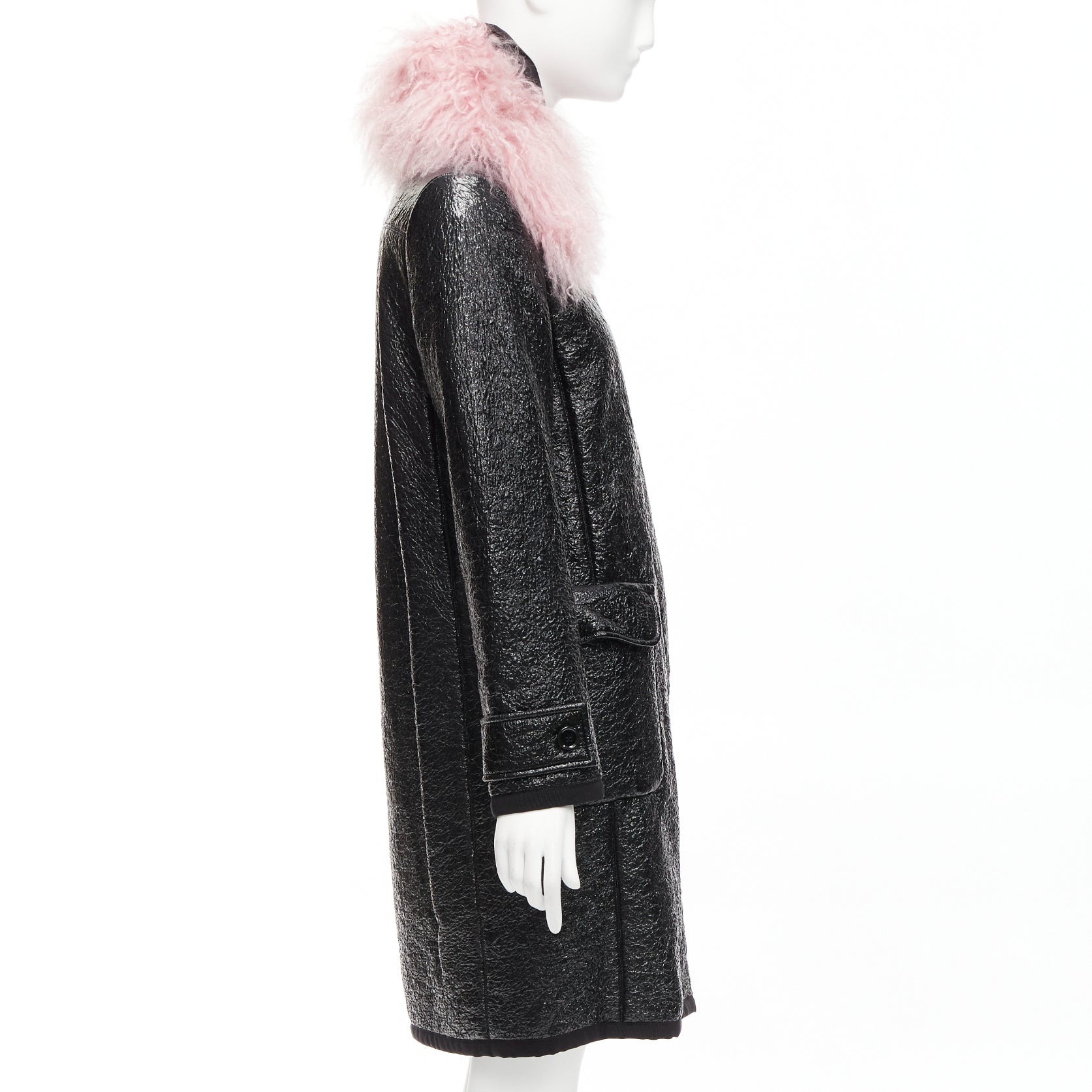 Moncler Pink Fur Wool Coat - Side view