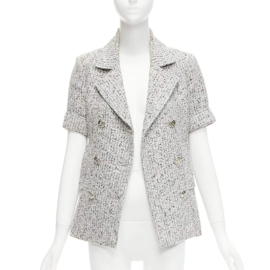 Chanel Silver Tweed Cuff Jacket Grey Cotton Very good - Front View