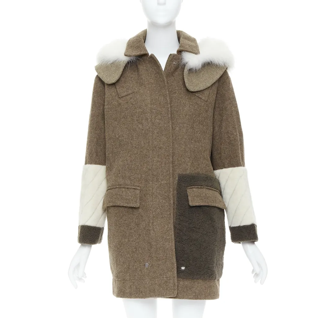 Fendi Brown Fur Hooded Parka Brown Wool Good - Front View