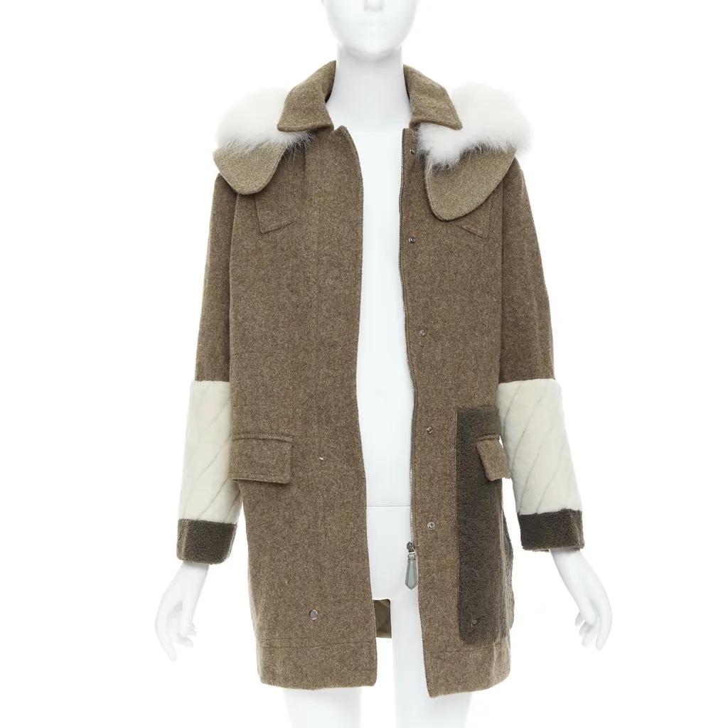 Fendi Brown Fur Hooded Parka Brown Wool Good - Inside View