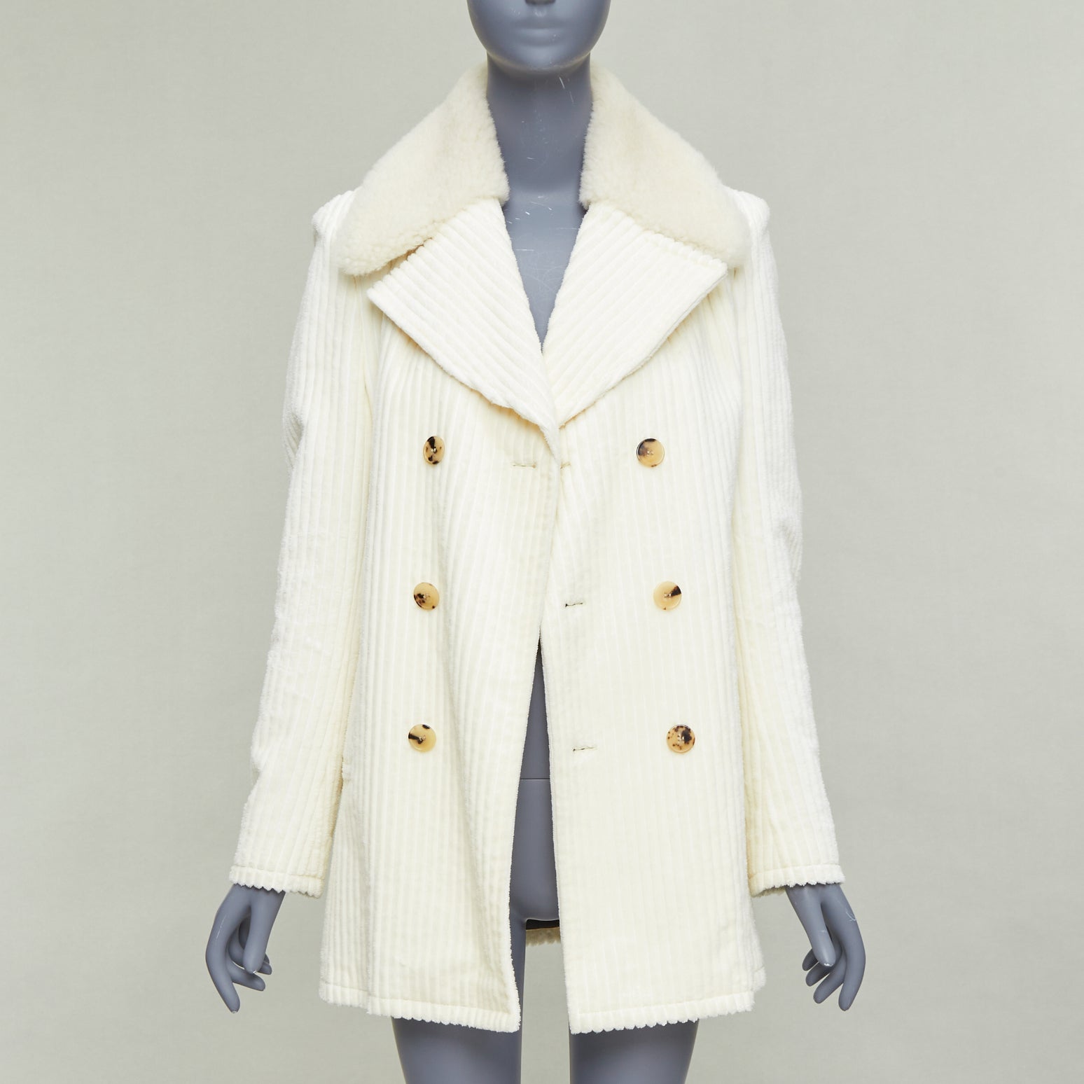 Saint Laurent White Shearling Corduroy Coat - Image 6