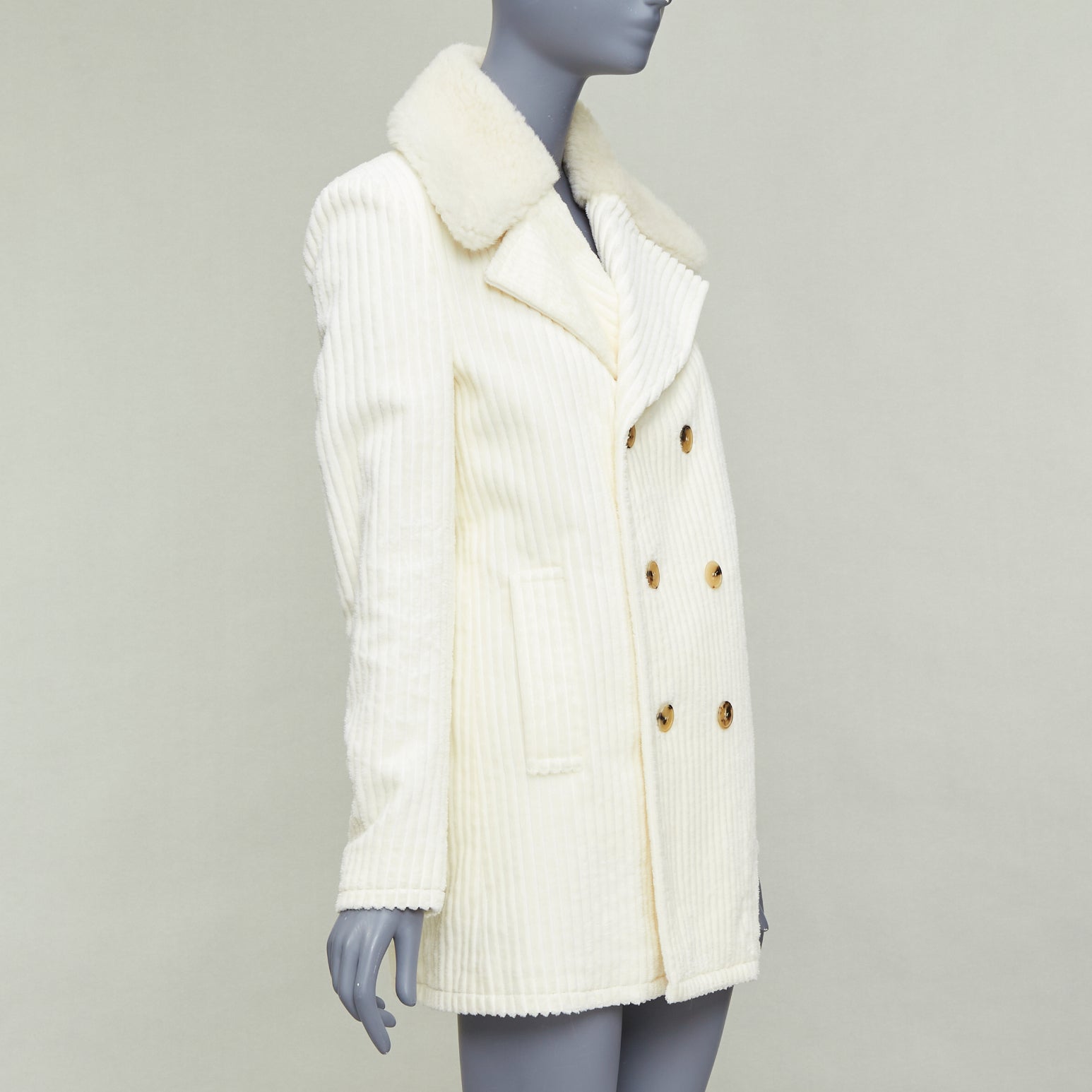 Saint Laurent White Shearling Corduroy Coat - 4