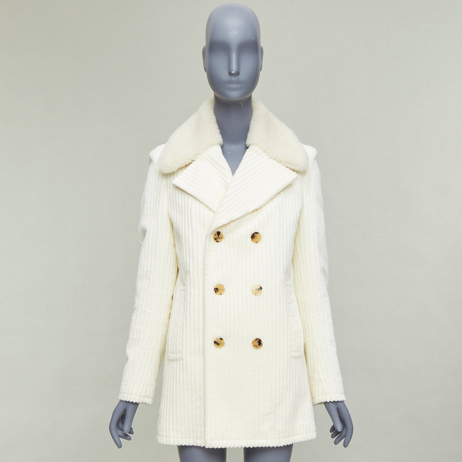 Saint Laurent White Shearling Corduroy Coat - Image 12