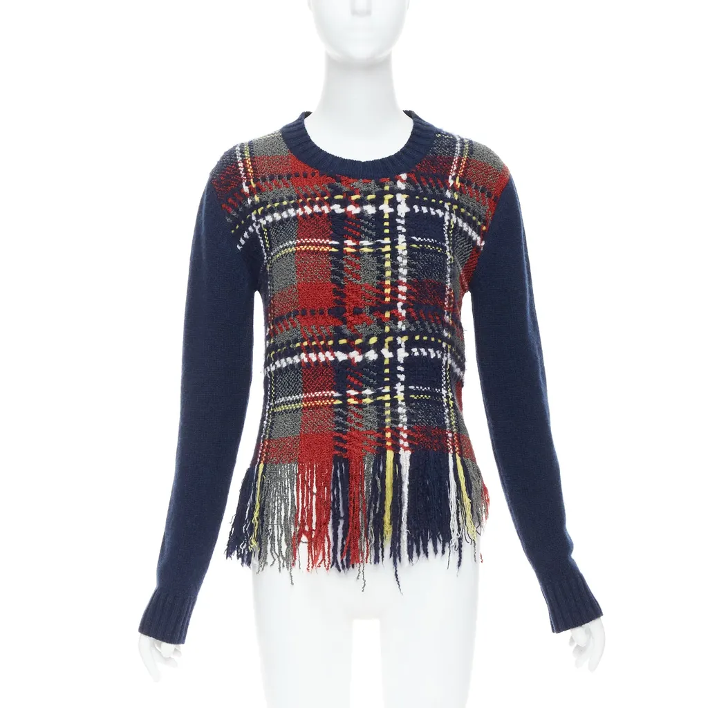 Dior Plaid Fringe Sweater Navy Cashmere Very good - Front View