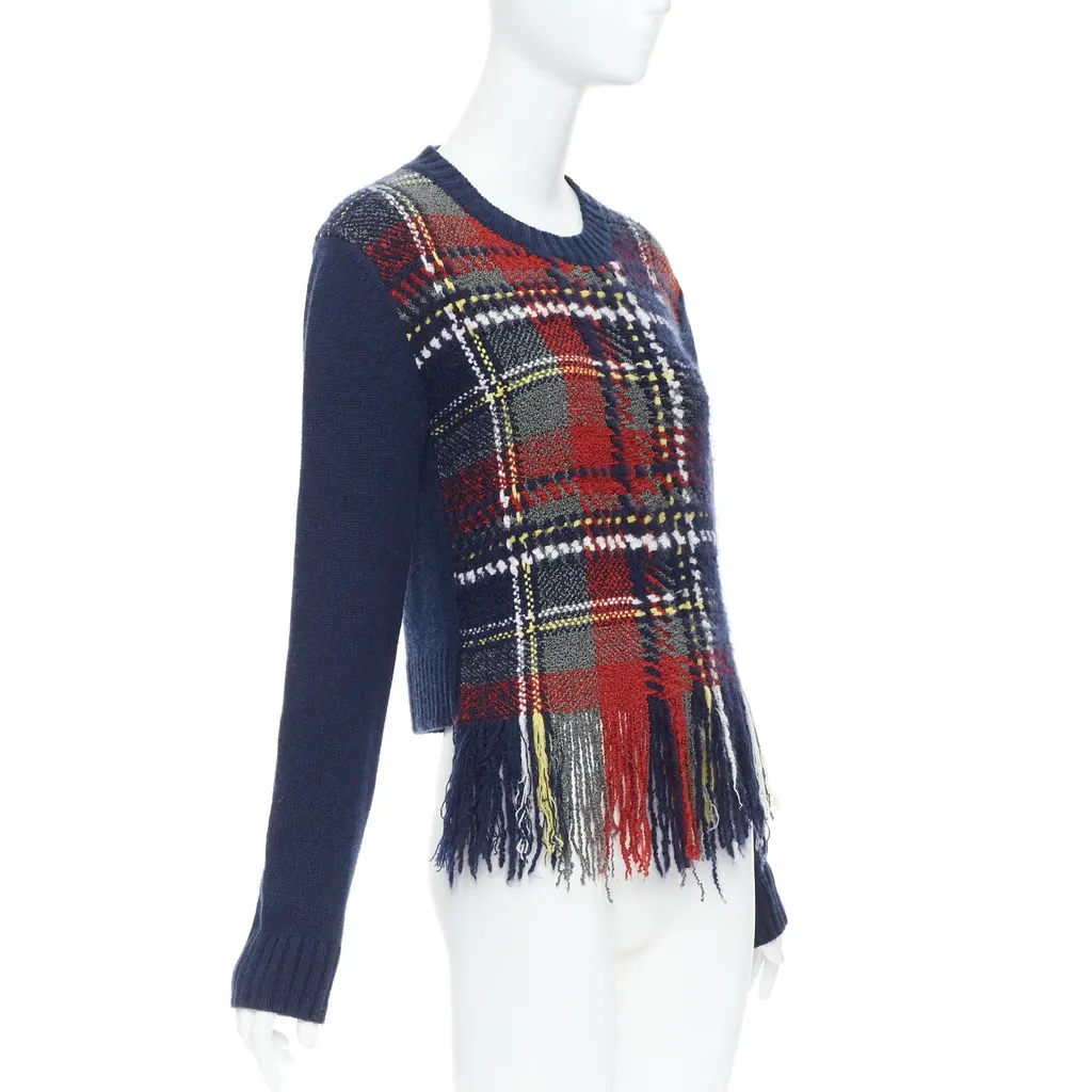 Dior Plaid Fringe Sweater Navy Cashmere Very good - Inside View