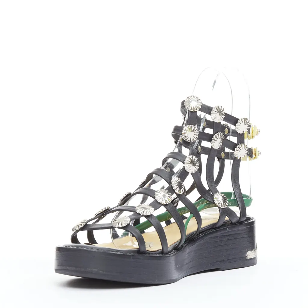 Toga Archives Caged Platform Sandals Black Leather Very good - Model View