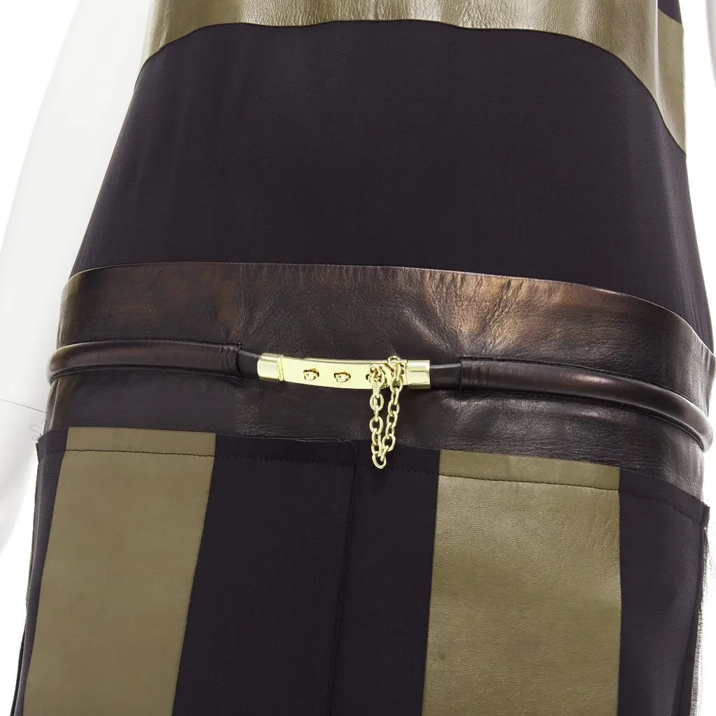 Celine Panel Gold Belt Dress Khaki Leather Fair - Back View