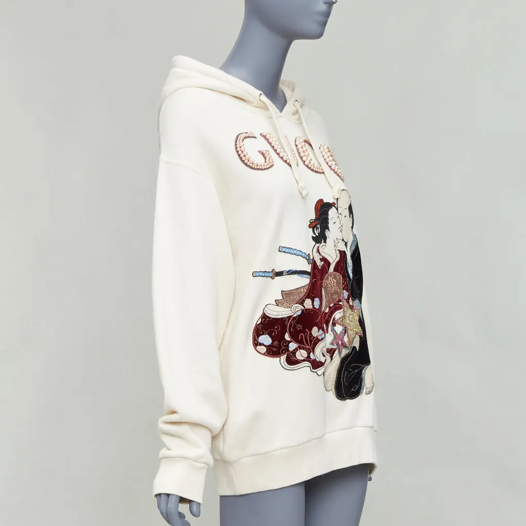 Gucci Embroidery Pearl Hoodie Ecru Cotton Very good - Inside View
