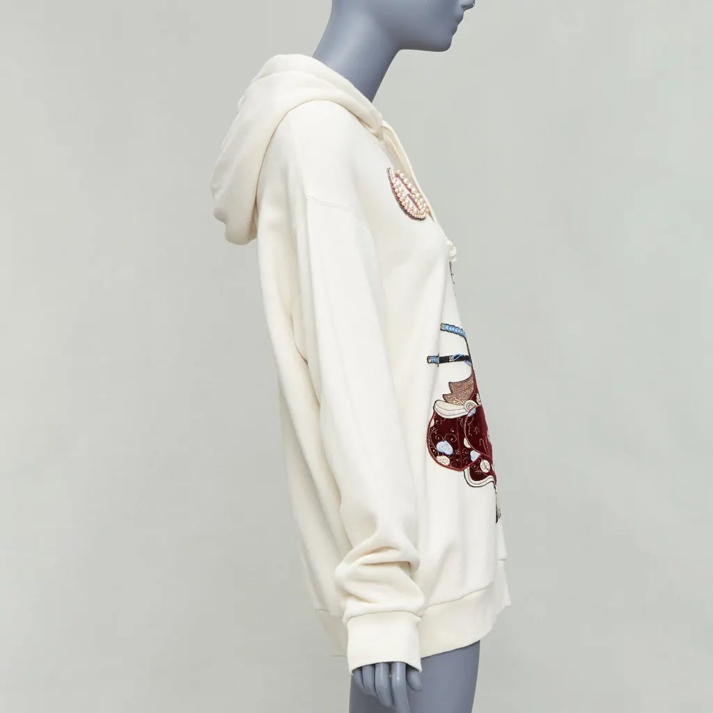 Gucci Embroidery Pearl Hoodie Ecru Cotton Very good - Model View