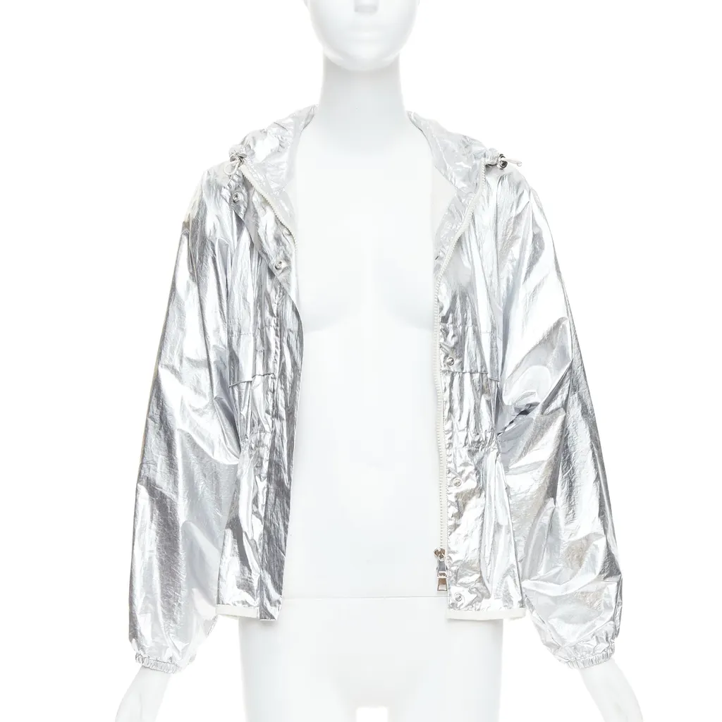 Moncler Silver Hooded Windbreaker Silver Cotton Never worn - Inside View