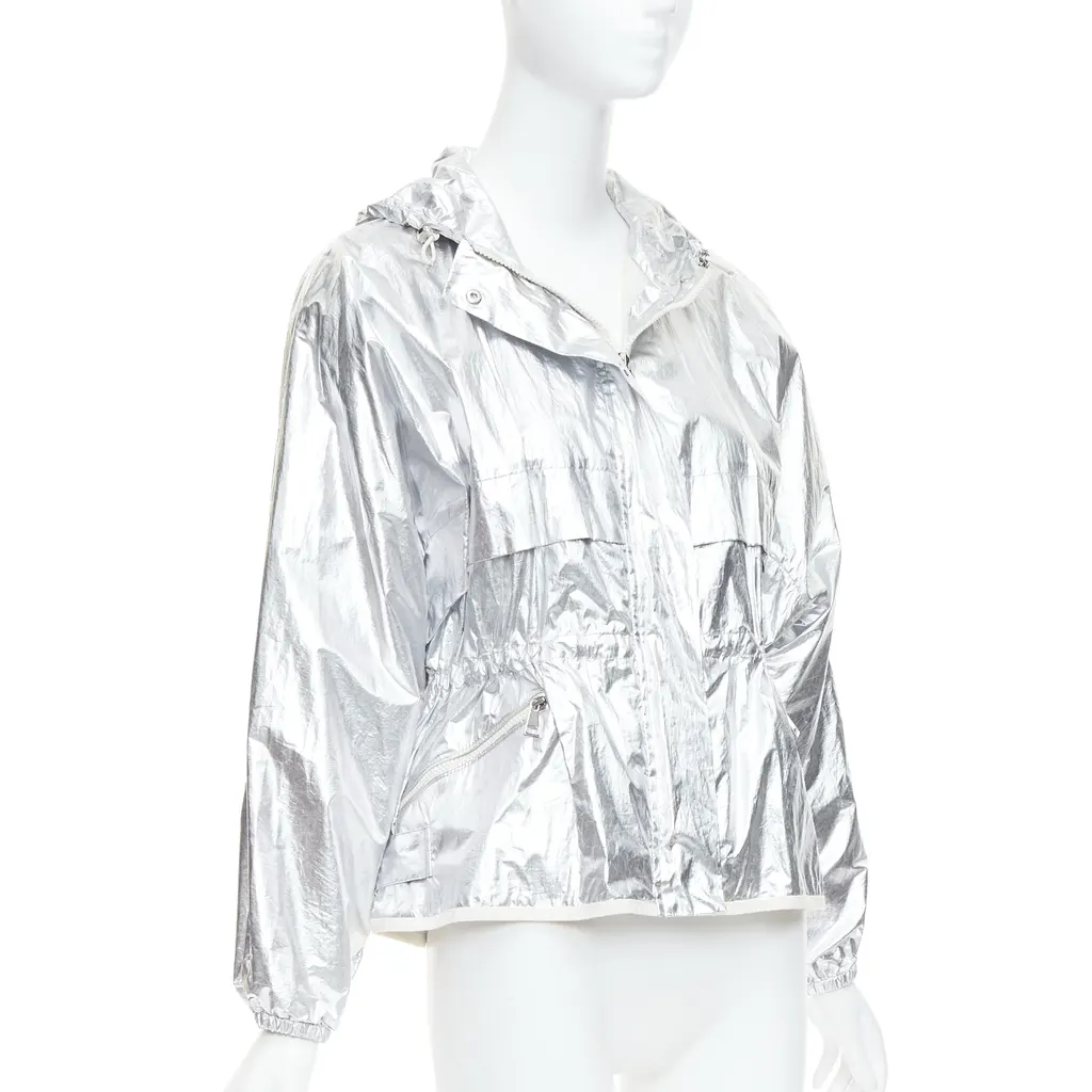 Moncler Silver Hooded Windbreaker Silver Cotton Never worn - Model View