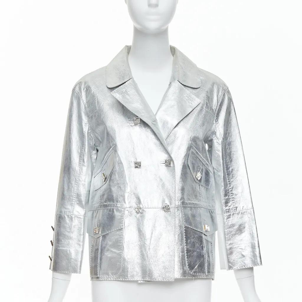 Louis Vuitton Crystal Button Jacket Silver Leather Good - Front View