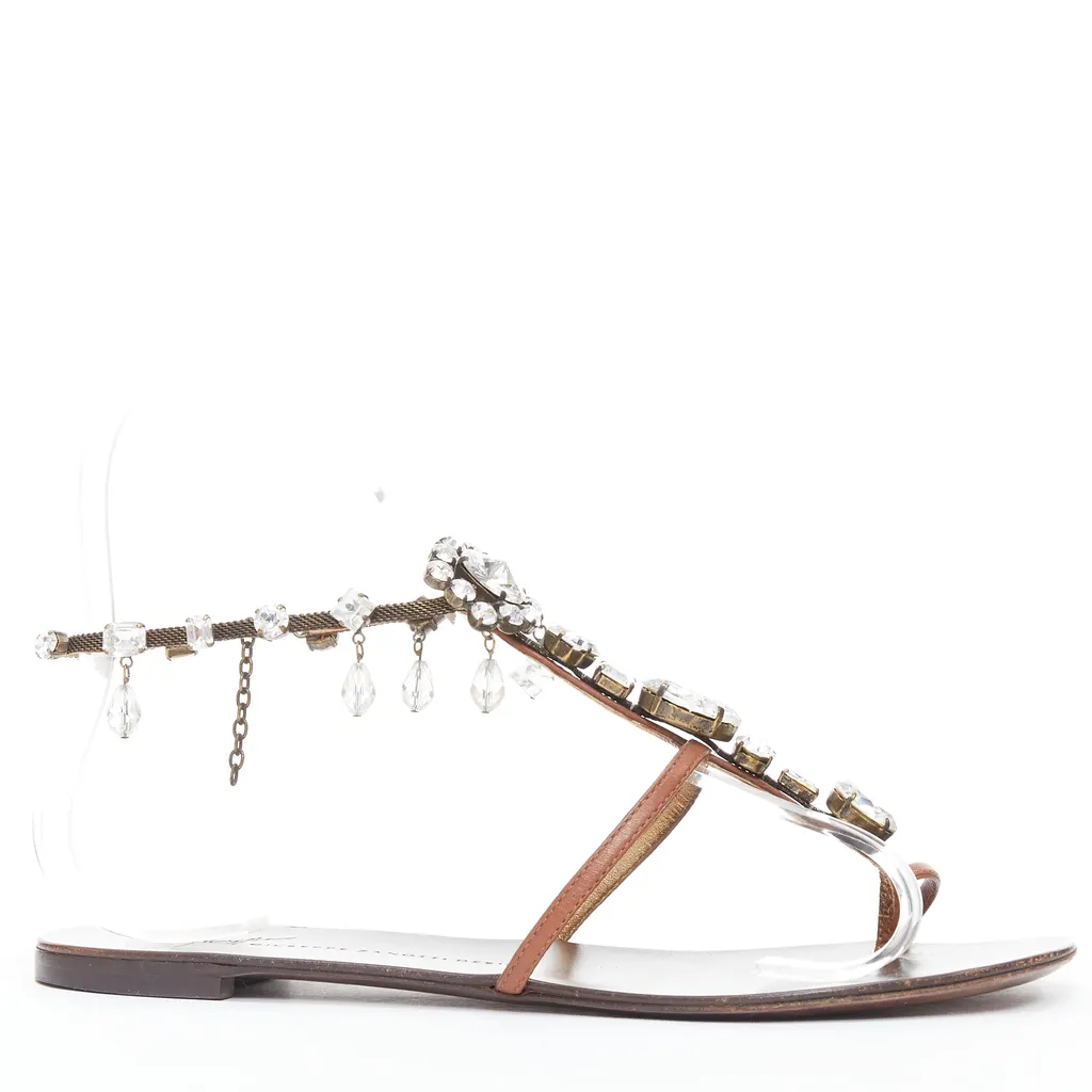 Giuseppe Zanotti Crystal Charm Sandals Brown Leather Good - Back View