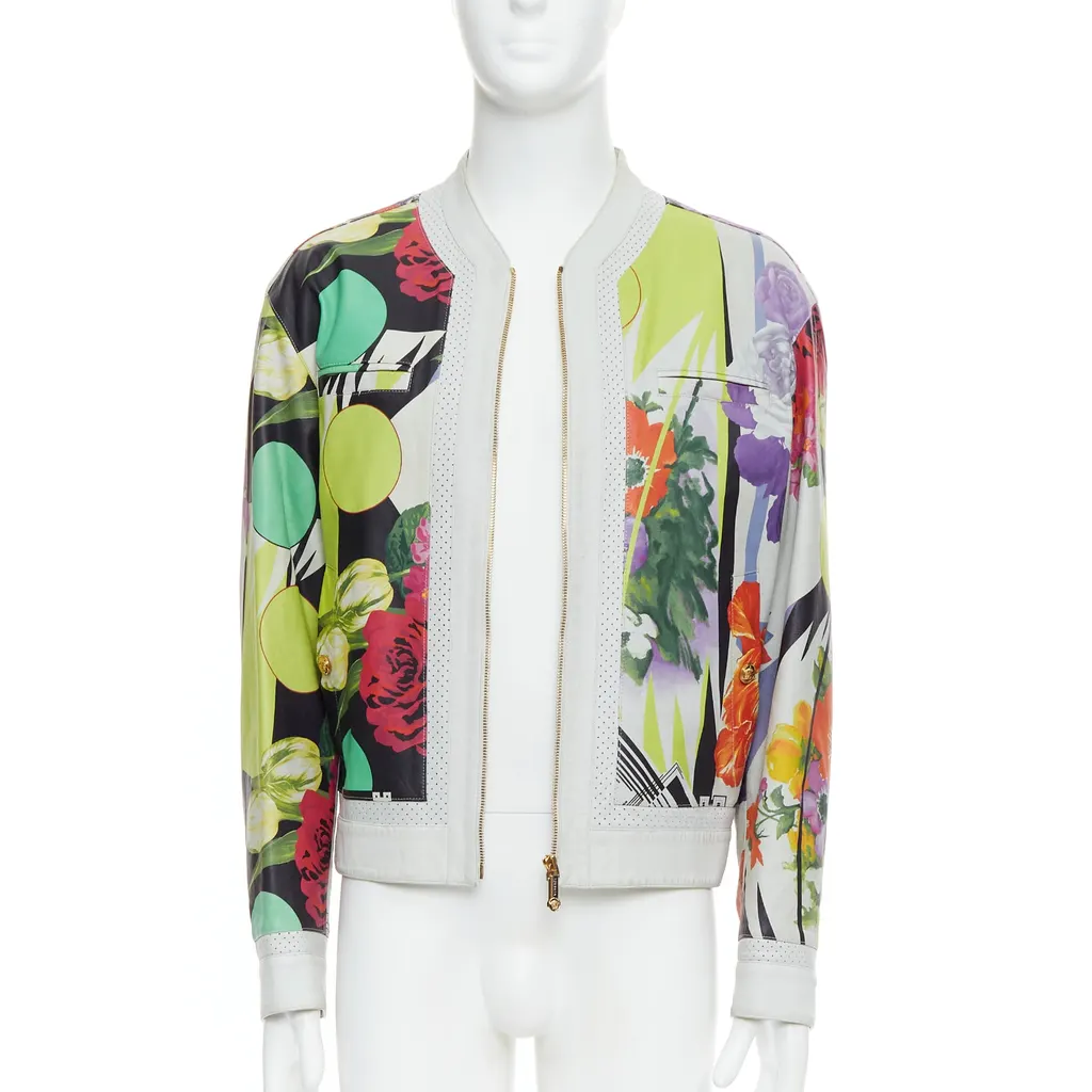 Versace White Tropical Print Bomber White Leather Good - Front View