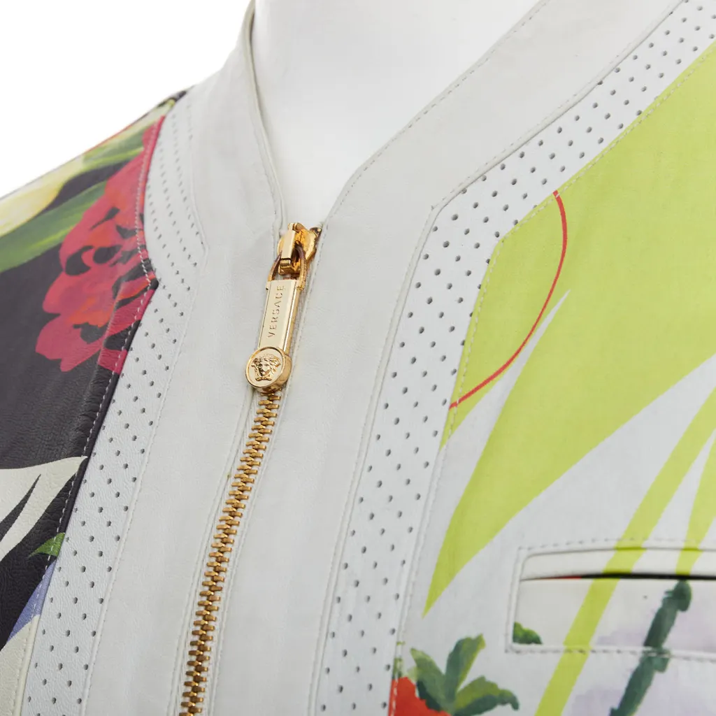 Versace White Tropical Print Bomber White Leather Good - Back View
