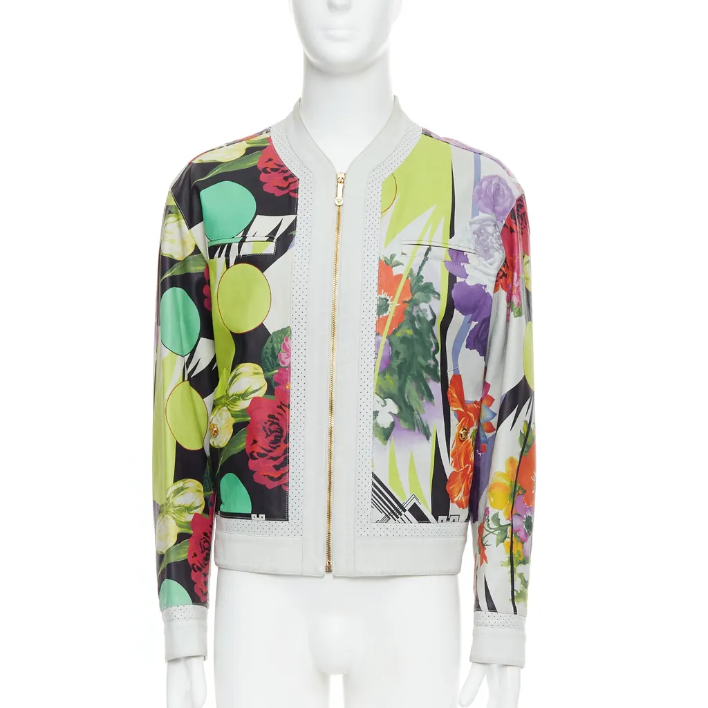 Versace White Tropical Print Bomber White Leather Good - Inside View