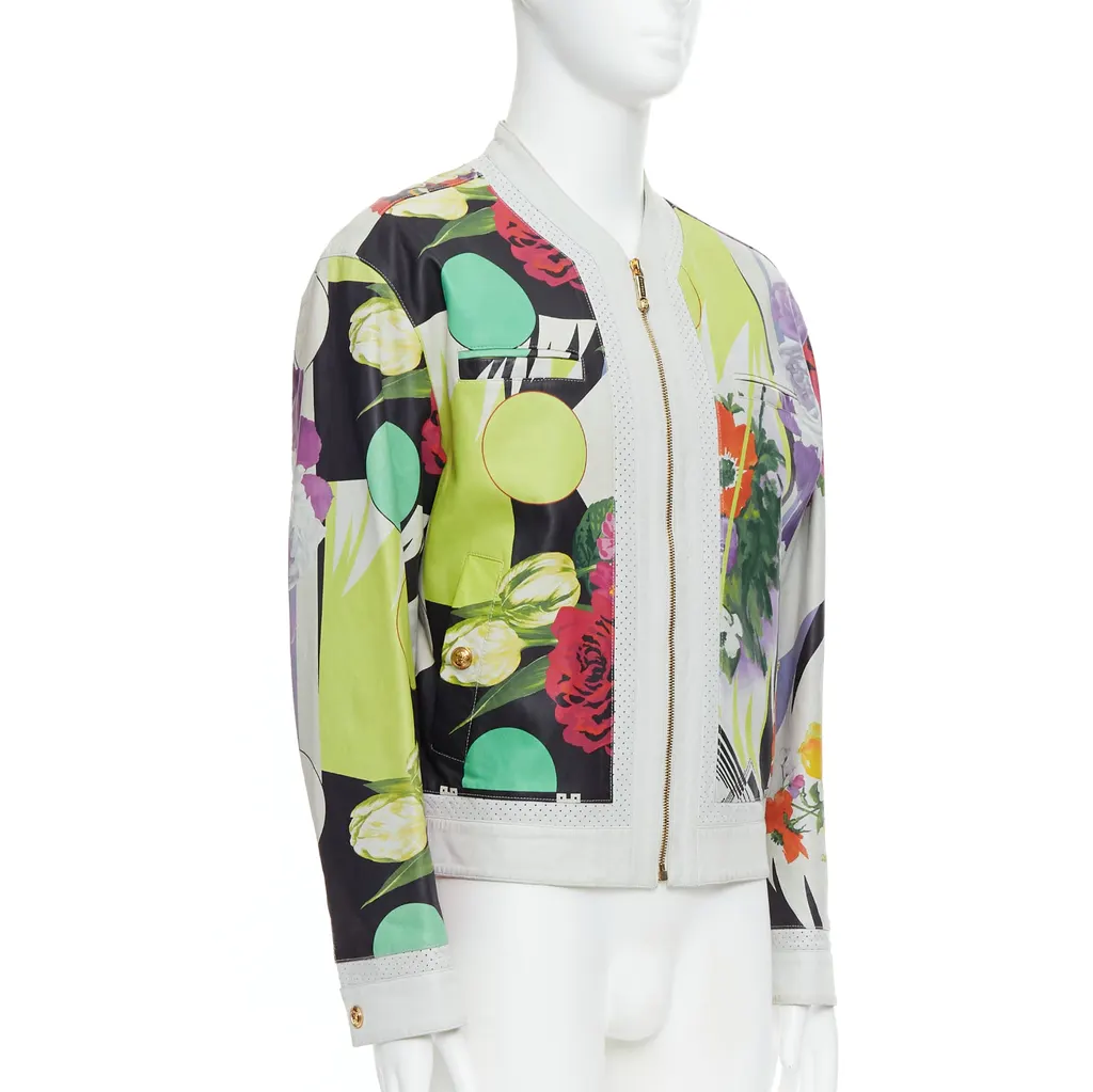 Versace White Tropical Print Bomber White Leather Good - Model View