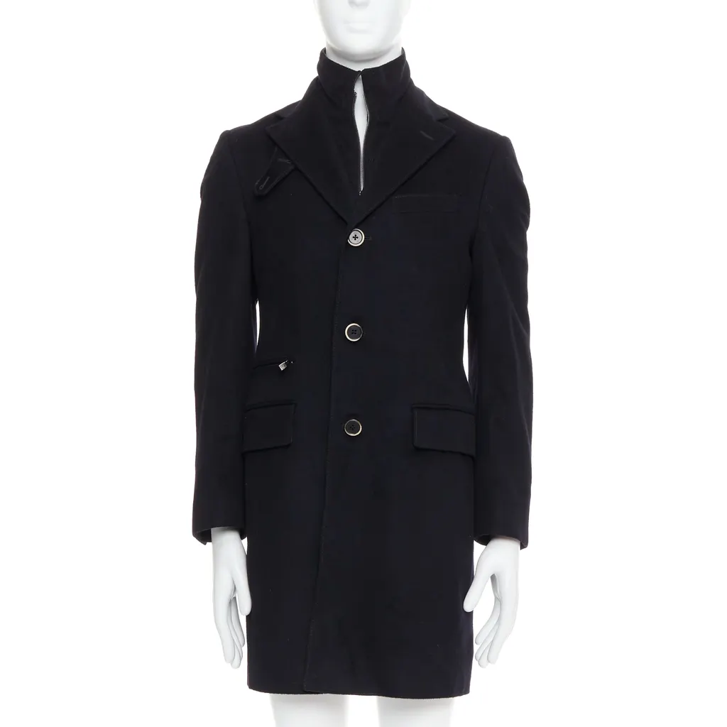 Corneliani Black Wool Collar Coat Black Wool Fair - Front View