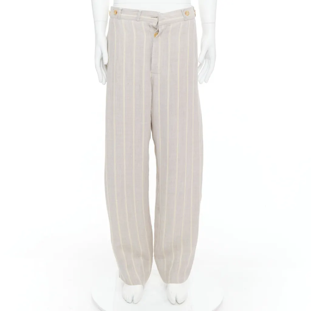 Yohji Yamamoto Striped Wide Pants Beige Cotton Fair - Front View