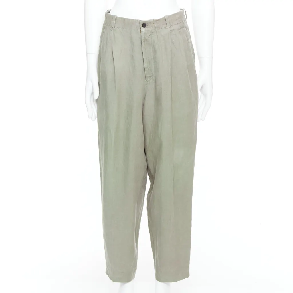 Yohji Yamamoto Linen Pleated Pants Green Linen Fair - Front View